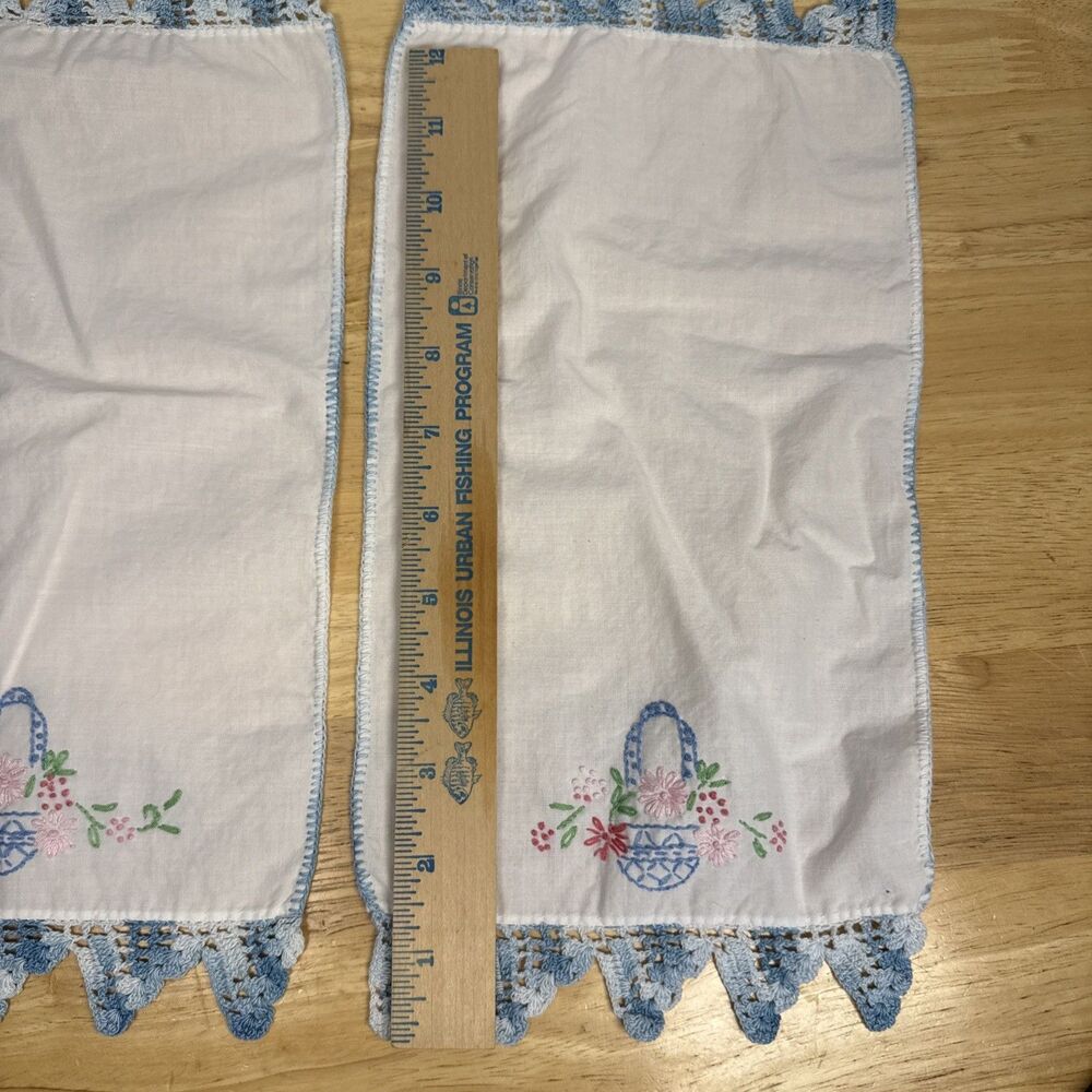 Embroidered Dresser Scarf Runner Flower Easter Basket Crochet Edge Set 2 13”x7” - Picture 6 of 9